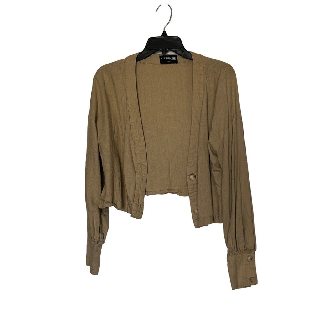 Kittenish tan long sleeve open front cropped cardigan woman’s size large, 1483